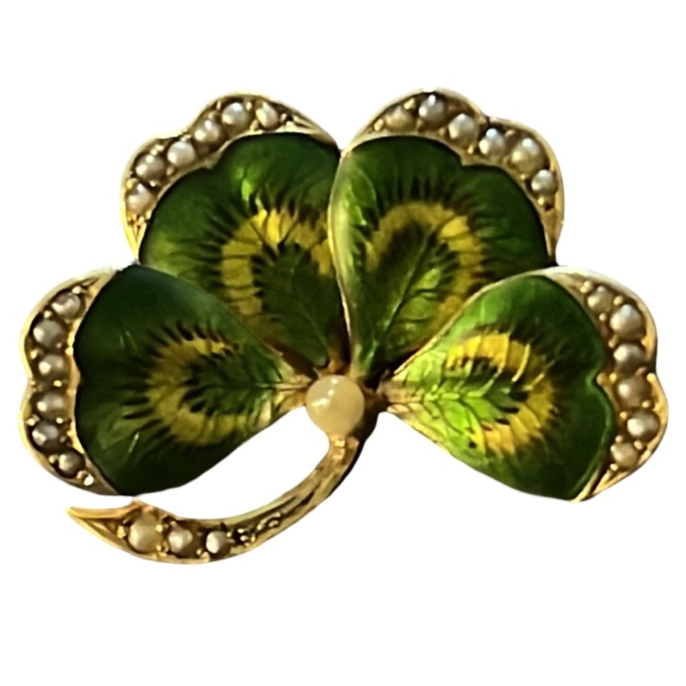 Antique Victorian 14K Gold Shamrock Clover Brooch with Paved Pearl